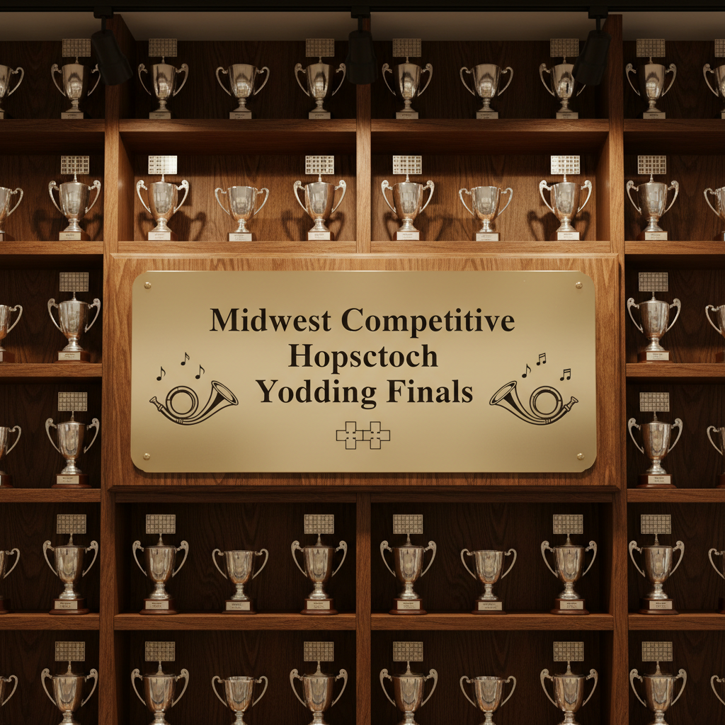 A close-up, photographic view of an engraved brass championship plaque mounted on rich, dark oak, reading “Midwest Competitive Hopscotch Yodeling Finals” in precise serif lettering. Tiny etched hopscotch boxes and a stylized alpine horn frame the text. The plaque hangs on a wall lined with neatly arranged trophy shelves, holding gleaming silver cups topped with miniature hopscotch grids and tiny yodeling horns. Warm, directional track lighting from above creates subtle highlights on the metal and wood grain, casting refined shadows. Shot straight-on with sharp focus, the image feels formal yet celebratory, conveying prestige, history, and legitimacy for a regional competition archive.