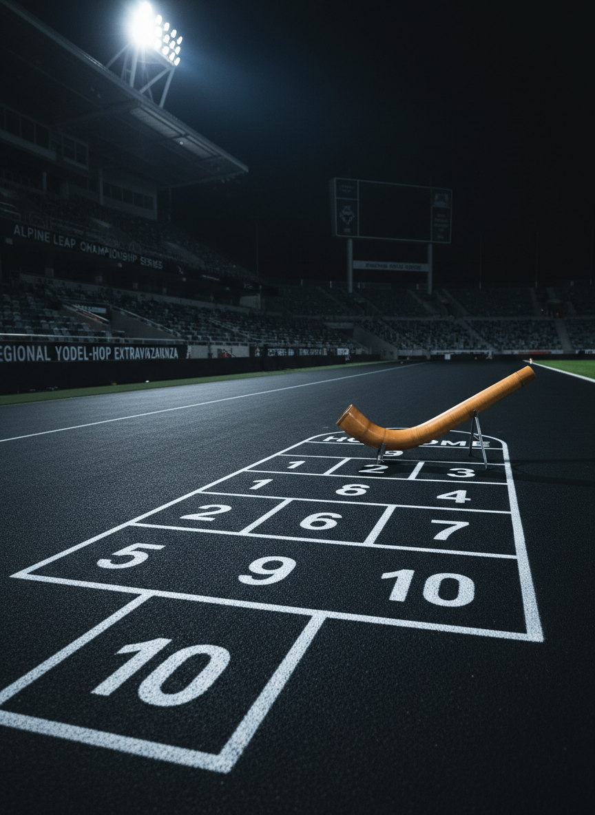 A dramatic, photographic nighttime stadium scene focused on an empty hopscotch court painted in bright white on deep charcoal rubberized flooring. At the baseline sits a lone wooden yodeling horn on a low stand, its polished surface reflecting the harsh brilliance of overhead floodlights. The surrounding bleachers, scoreboard structure, and sponsorship banners for regional Hopscotch Yodeling events fade into a dark, slightly blurred background. Strong directional lighting from high above casts crisp, elongated shadows along the numbered squares, adding tension and anticipation. Shot from a low angle at one end of the court, the composition feels cinematic and competitive, ideal for highlighting championship coverage.