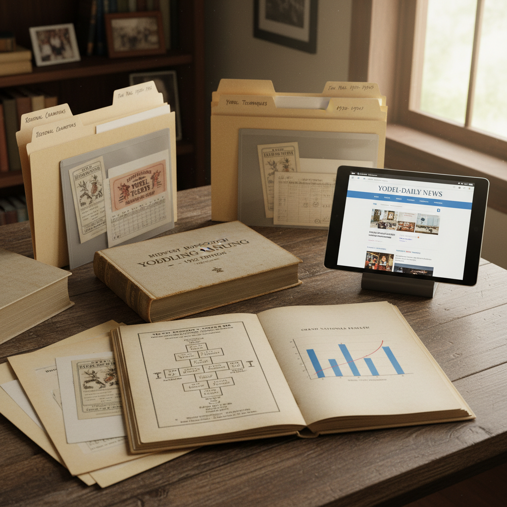 A neatly organized historian’s desk dedicated to Hopscotch Yodeling archives, photographed from a slightly elevated angle. Spread across a weathered oak surface are labeled file folders, a bound “Midwest Hopscotch Yodeling Annual,” and plastic sleeves containing old competition tickets and score sheets. At the center rests an open scrapbook showing a printed hopscotch bracket diagram paired with a frequency graph of yodel pitches. A modern tablet displays a clean news homepage featuring recent competition headlines. Soft morning window light from the right creates gentle highlights on paper edges and a subtle glow on the tablet screen, evoking a thoughtful, documentary atmosphere that bridges past and present.